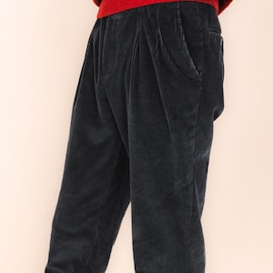 Charcoal Grey Handcrafted Organic Cotton Corduroy Trousers | Men&#39;s Sustainable Fashion | Double-Pleated Pants for Autumn-Winter, Vegan
