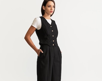 The &quot;Figa&quot; 100% European Linen Business Set, Elegant Business Outfit, Pants and Waistcoat, Sustainable Fashion, Women Suit - Black