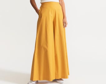Mustard Palazzo Organic Cotton Women&#39;s Trousers – Elegant Summer Cotton Pants, Relaxed Breezy Boho Look, Chic and Vegan