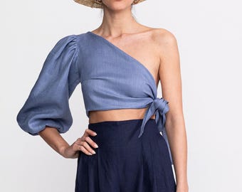 Linen One Shoulder Top Women, Puff Sleeve Crop Top, French Linen Summer Top, Handmade in Romania, Sustainable Fashion, Dusty Blue Steel Blue
