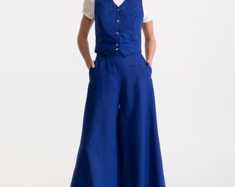 French Linen Palazzo Pants Women, Wide Leg High Waist Trousers, Handmade Romania, Sustainable Fashion, Royal Blue Cobalt Bright Linen