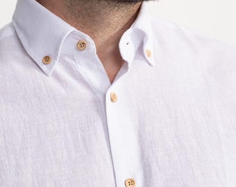 Men’s White Linen Shirt, From XXS to 7XL, Long Sleeve Oxford Collar Tailored Shirt, Classic Spring Summer Button-Down, Slim & Regular Fit