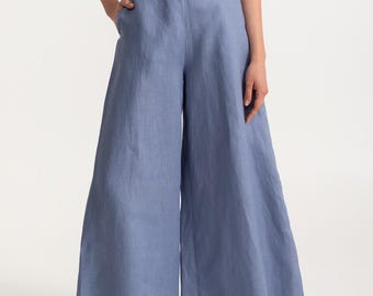 French Linen Palazzo Pants Women, Wide Leg High Waist Trousers, Handmade Romania, Sustainable Fashion, Dusty Blue Steel Blue Muted Linen