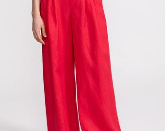 French Linen Trousers Women, High Waist Wide Leg Pants, Pleated Linen Pants, Handmade in Romania, Sustainable Fashion, Red Scarlet Linen