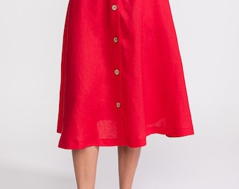French Linen Midi Skirt Women, Button Front Skirt, High Waist Linen Skirt, Handmade in Romania, Sustainable Fashion, Scarlet Red Cherry