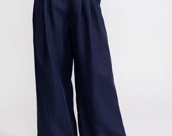 French Linen Trousers Women, High Waist Wide Leg Pants, Pleated Linen Pants, Handmade in Romania, Sustainable Fashion, Navy Blue Dark Navy