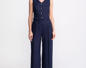 Linen Suit Set Women, Waistcoat Trousers Set, French Linen Two Piece Suit, Handmade Romania, Sustainable Fashion, Navy Blue Midnight Dark