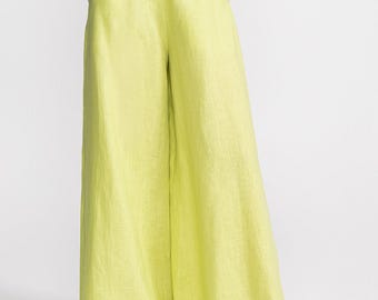 French Linen Palazzo Pants Women, Wide Leg High Waist Trousers, Handmade Romania, Sustainable Fashion, Pistachio Sage Green Mint Linen