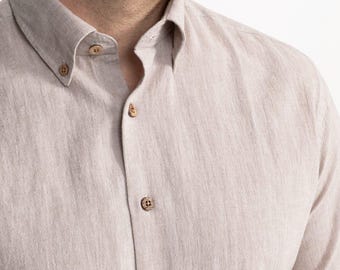 Camisa de lino beige para hombre, tallas XXS a 7XL, manga larga, cuello Oxford, clásica, con botones, corte entallado y regular.