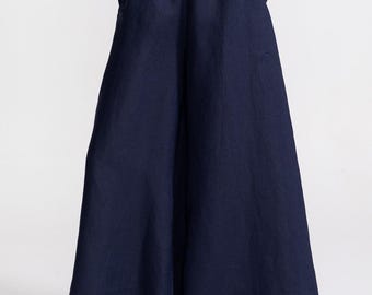 French Linen Palazzo Pants Women, Wide Leg High Waist Trousers, Handmade Romania, Sustainable Fashion, Navy Blue Midnight Dark Linen Palazzo