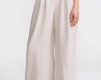 Hemp Trousers Women, High Waist Wide Leg Hemp Pants, Pleated Natural Hemp, Handmade in Romania, Sustainable Fashion, Natural Beige Ecru