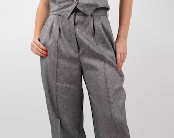 Los pantalones de lino "Figa", pantalones de mujer de pierna recta, traje formal de primavera verano, moda sostenible europea, vegano, traje de lino - Chambray