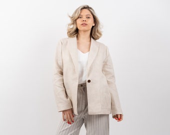 The "Ilva" 100% Linen Suit Jacket with Shawl Lapel. Elegant Women's Jacket, Vegan, Sustainable Fashion, Stylish Beige Jacket, Custom Made