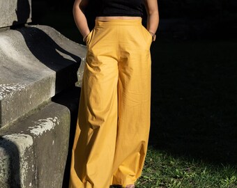 The "Palazzo" Cotton Trousers, Casual Women Pants, Spring Summer Outfit, Vegan, Comfortable Trousers, European Sustainable Fashion, Mustard