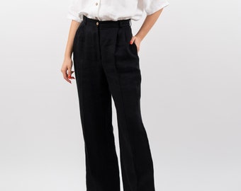 Los pantalones de lino "Figa", pantalones de mujer de pierna recta, traje formal de primavera verano, moda sostenible europea, vegano, traje de lino - negro