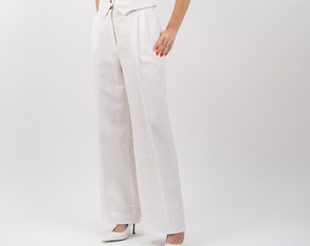 Los pantalones de lino "Figa", pantalones de mujer de pierna recta, traje formal de primavera verano, moda sostenible europea, vegano, traje de lino - blanco