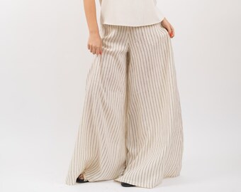 Pantaloni di lino a righe "Palazzo", Pantaloni casual da donna, Abito primaverile estivo, Vestibilità rilassante, Stile confortevole, Moda sostenibile europea, Vegan