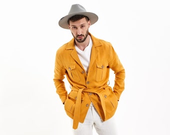 100% Hemp Safari Jacket, Sustainable Saharian Jacket with Belt, Yellow Cargo Jacket, Surplus Bush Jacket, Mustard Color Oversized Shirt