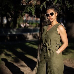 The Zagra 100% European Linen Romper, Casual Women Spring Outfit, Vegan, Sustainable Fashion, Stylish Full Body Jumpsuit, Khaki Green image 1