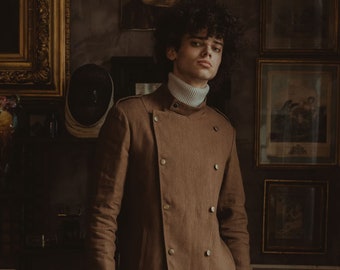 Camel Brown Handcrafted Hemp Military Jacket | Surplus Style Eco-Friendly Men&#39;s Outerwear | Sustainable Fashion with French Linen Lining