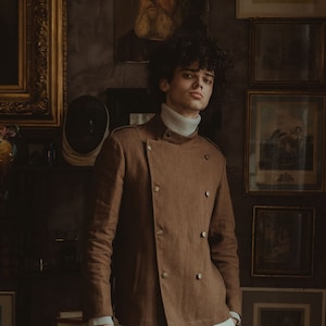 Camel Brown Handcrafted Hemp Military Jacket | Surplus Style Eco-Friendly Men&#39;s Outerwear | Sustainable Fashion with French Linen Lining