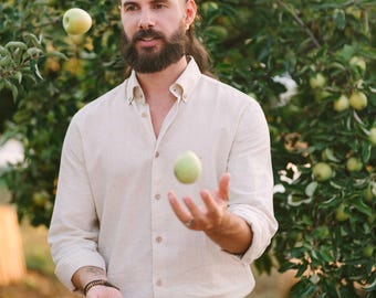 Men’s Beige Linen Shirt, From XXS to 7XL, Long Sleeve Oxford Collar Tailored Shirt, Classic Spring Summer Button-Down, Slim & Regular Fit