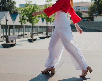 White Linen Ladies Trousers | Customizable Skirt Pants for Women | Regular Fit Tailored | Sustainable Fashion | GOTS Certified Dyes