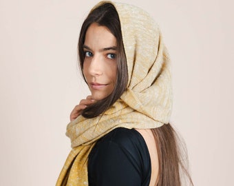 Yellow Handcrafted Hemp & Wool Scarf - Eco-Friendly Transylvanian Knitted Wrap - Sustainable Fashion Accessory for Men and Women