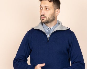 The "Rimetea" Merino Wool Winter Jumper - INDIGO / High-Neck, Soft and Warm, Large shawl collar, Quarter Zip, Italian merino wool