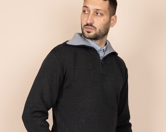 The "Rimetea" Merino Wool Winter Jumper - Charcoal Grey / High-Neck, Soft and Warm, Large shawl collar, Quarter Zip, Italian merino wool