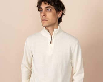 Men's Wool Sweater - White, Half-Zip Knitted Pullover, Wool-blend, Mock-Neck collar, Made in Europe, Italian Yarn