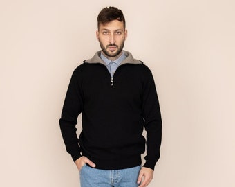 The "Rimetea" Merino Wool Winter Jumper - Black / High-Neck, Soft and Warm, Large shawl collar, Quarter Zip, Italian merino wool