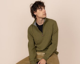 Men's Cashmere-Wool Blend Sweater - Khaki Green, Olive, Half-Zip Knitted Pullover, Mock-neck collar, Made in Europe, Timeless Design