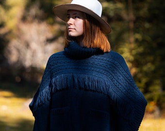 Unisex Merino Wool Blend Poncho - Navy Blue Fringed Pockets, Boho Chic, One-Size-Fits-All, Easy Machine Wash, Cozy Winter Fashion, Chic