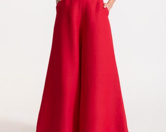 French Linen Palazzo Pants Women, Wide Leg High Waist Trousers, Handmade Romania, Sustainable Fashion, Red Scarlet Cherry Linen Palazzo