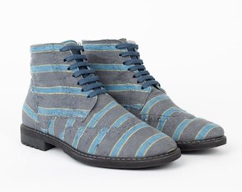 Botas HEMP - Botas Cómodas de Hombre, Azul Rayado, Zapatos Hechos a Mano, Forro de Piel, Hecho en Europa, Zapatos Otoño Invierno