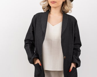 Chaqueta de Traje "Ilva" de Lino-Viscosa con Solapa Chal. Chaqueta de mujer elegante, vegana, moda sostenible, chaqueta gris elegante, hecha a medida