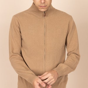 Men's Wool Cardigan Beige, Full-Zip Knitted Pullover, Italian Wool-blend, Mock-Neck collar, Made in Europe, Italian Yarn, Soft image 5