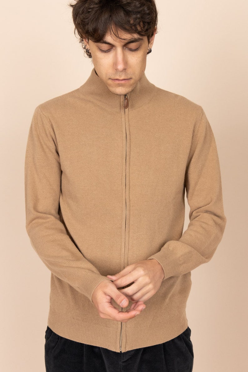 Men's Wool Cardigan Beige, Full-Zip Knitted Pullover, Italian Wool-blend, Mock-Neck collar, Made in Europe, Italian Yarn, Soft image 5