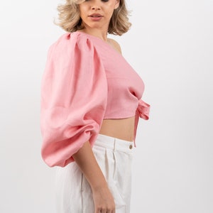 The Daia 100% Linen Crop Top, Women Spring-Summer Outfit, Sustainable European Fashion, Stylish One Shoulder Top, Vegan, Breathable Pink image 5