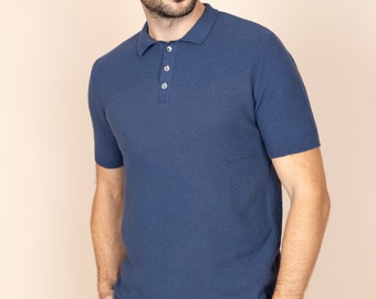 Polo T-shirt van 100% katoen - Blauw, normale pasvorm, gemaakt in Europa, Italiaans garen, zacht, comfortabel, normale pasvorm, elegant, chic, casual, extra fijn