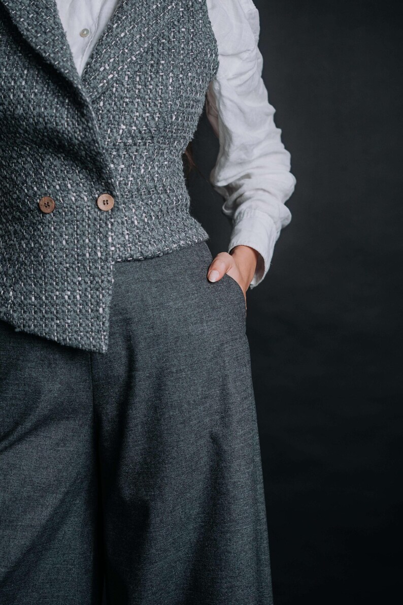 Chaleco de lana de tweed gris hecho a mano - Chaleco cruzado europeo imagen 3