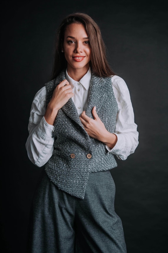 Handmade Grey Tweed Wool Vest- European Double-Breasted Vest