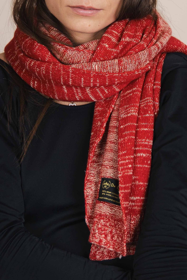 Mustard Handcrafted Hemp & Wool Scarf Eco-Friendly Transylvanian Knitted Wrap Sustainable Fashion Accessory for Men and Women Red