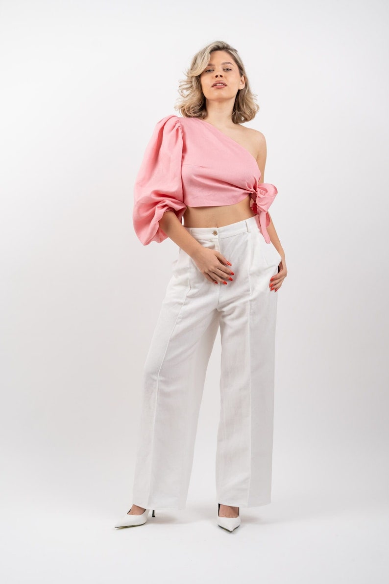 The Daia 100% Linen Crop Top, Women Spring-Summer Outfit, Sustainable European Fashion, Stylish One Shoulder Top, Vegan, Breathable Pink Pink