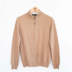 Men's Wool Cardigan Beige, Full-Zip Knitted Pullover, Italian Wool-blend, Mock-Neck collar, Made in Europe, Italian Yarn, Soft image 7