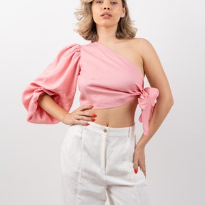 The Daia 100% Linen Crop Top, Women Spring-Summer Outfit, Sustainable European Fashion, Stylish One Shoulder Top, Vegan, Breathable Pink image 3