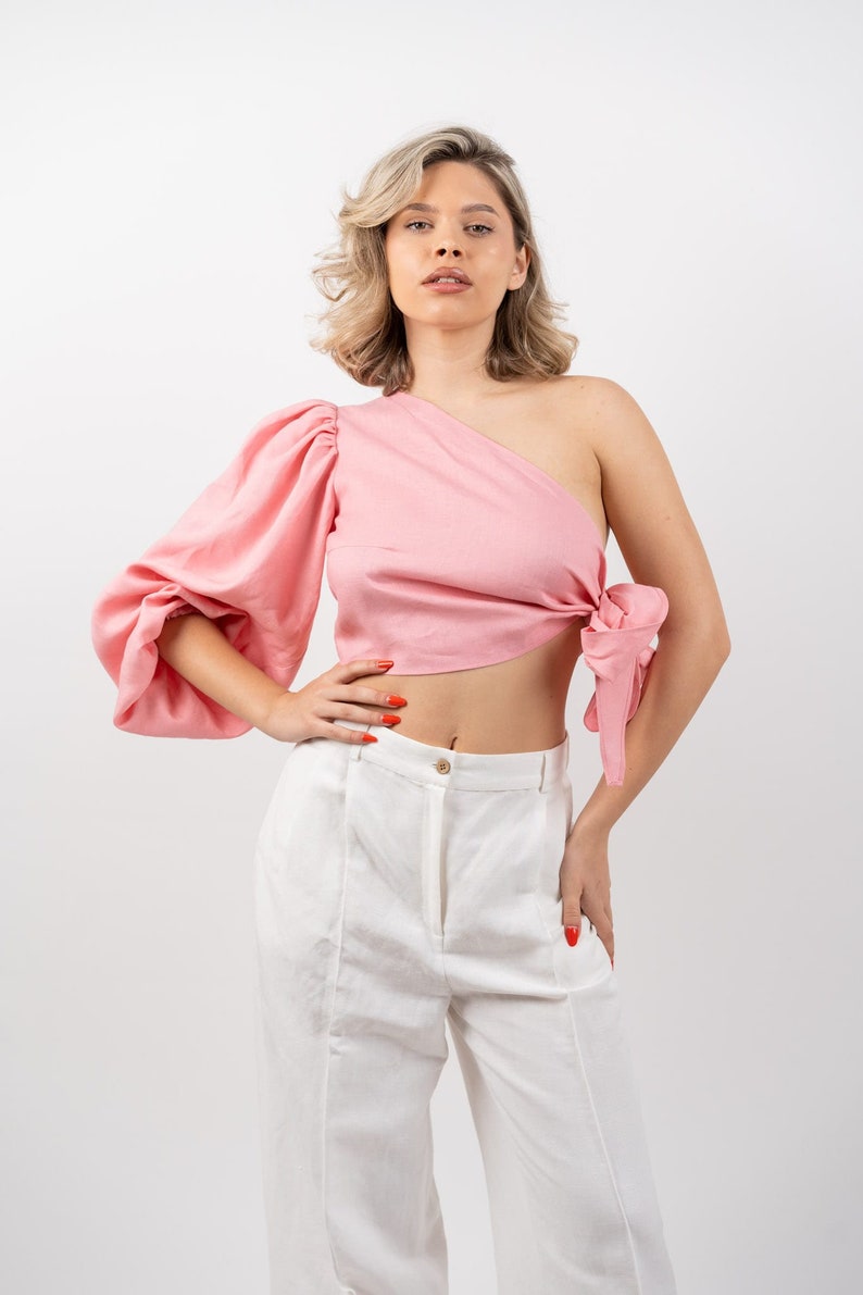 The Daia 100% Linen Crop Top, Women Spring-Summer Outfit, Sustainable European Fashion, Stylish One Shoulder Top, Vegan, Breathable Pink image 3