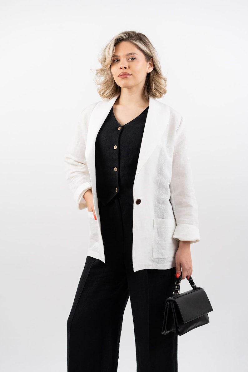 The Ilva 100% Hemp Suit Jacket with Shawl Lapel. Elegant Women's Jacket, Vegan, Sustainable Fashion, Stylish White Jacket, Custom Made image 1