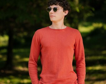 Crewneck Men's Linen-Cotton Sweater - Terracotta, Regular Fit, Made in Europe, Italian Yarn, Soft & Comfortable, Blouse, Regular fit,